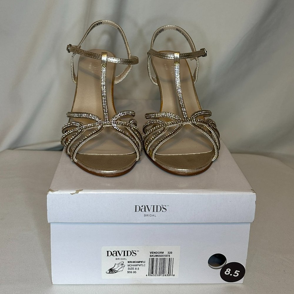 SPECIAL DEAL - David's Bridal Nora Metallic Crystal T-Strap Wedges with Wristlet